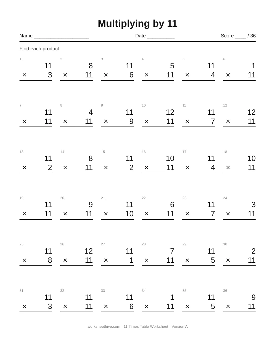 11 Times Table Worksheet printable PDF with 36 multiplication facts