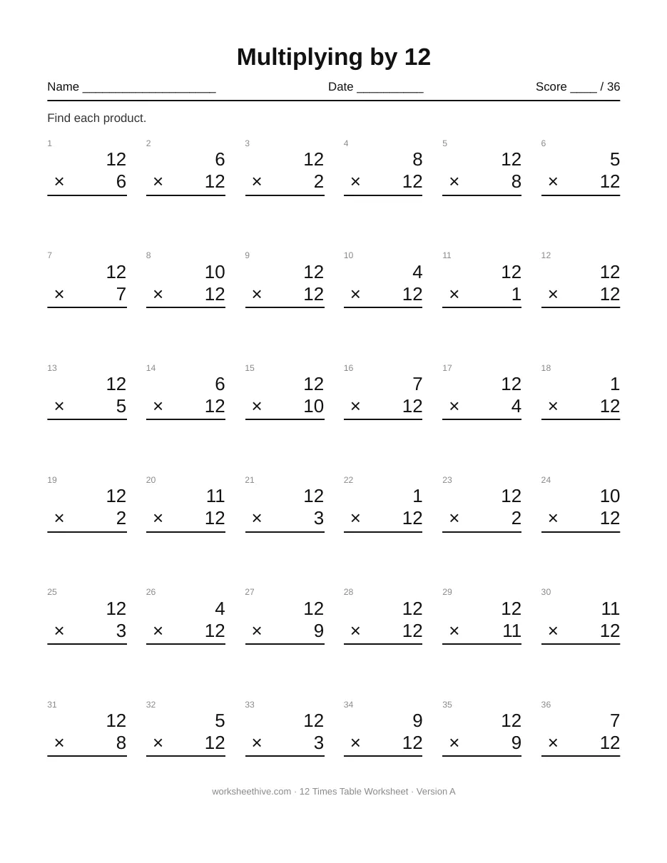 12 Times Table Worksheet printable PDF with 36 multiplication facts