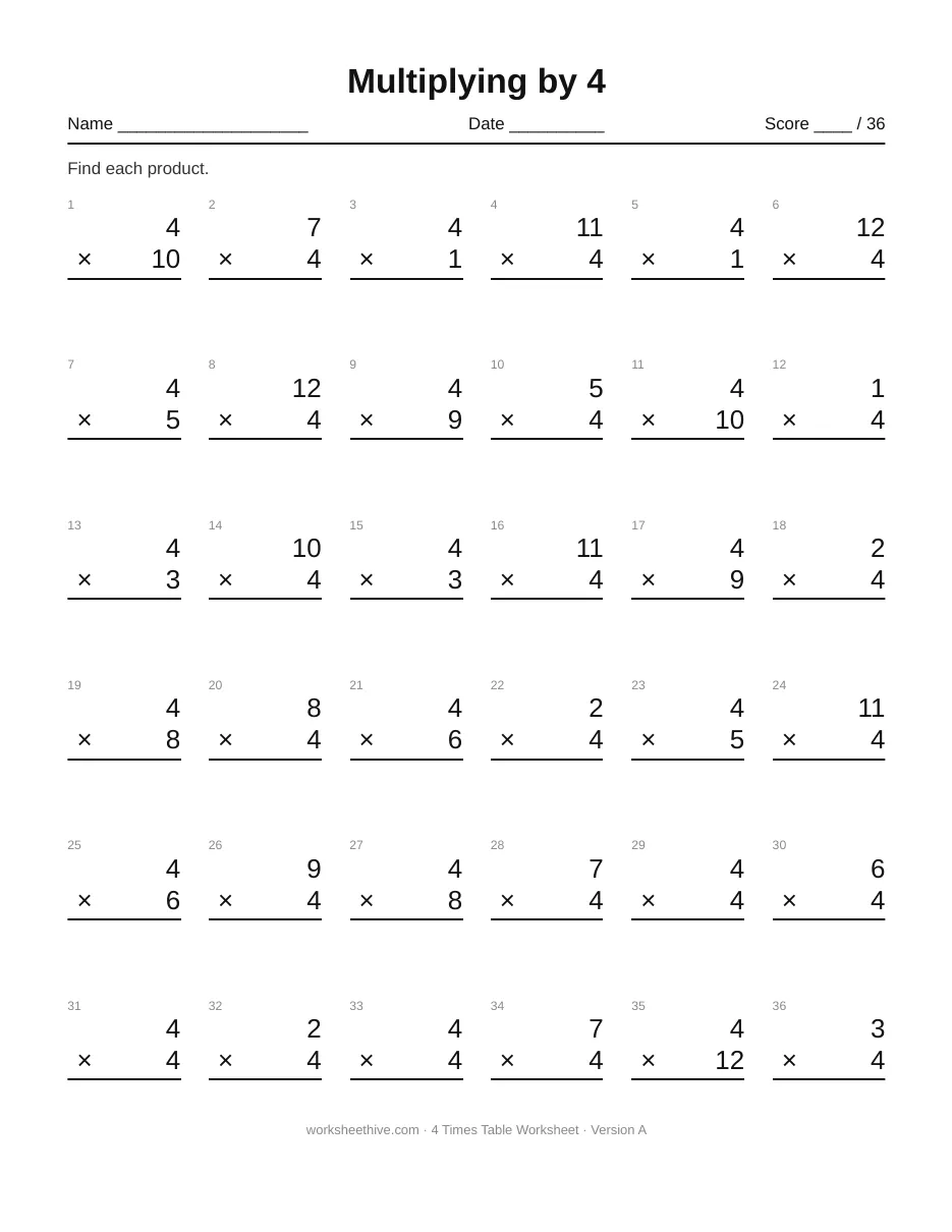 4 Times Table Worksheet printable PDF with 36 multiplication facts