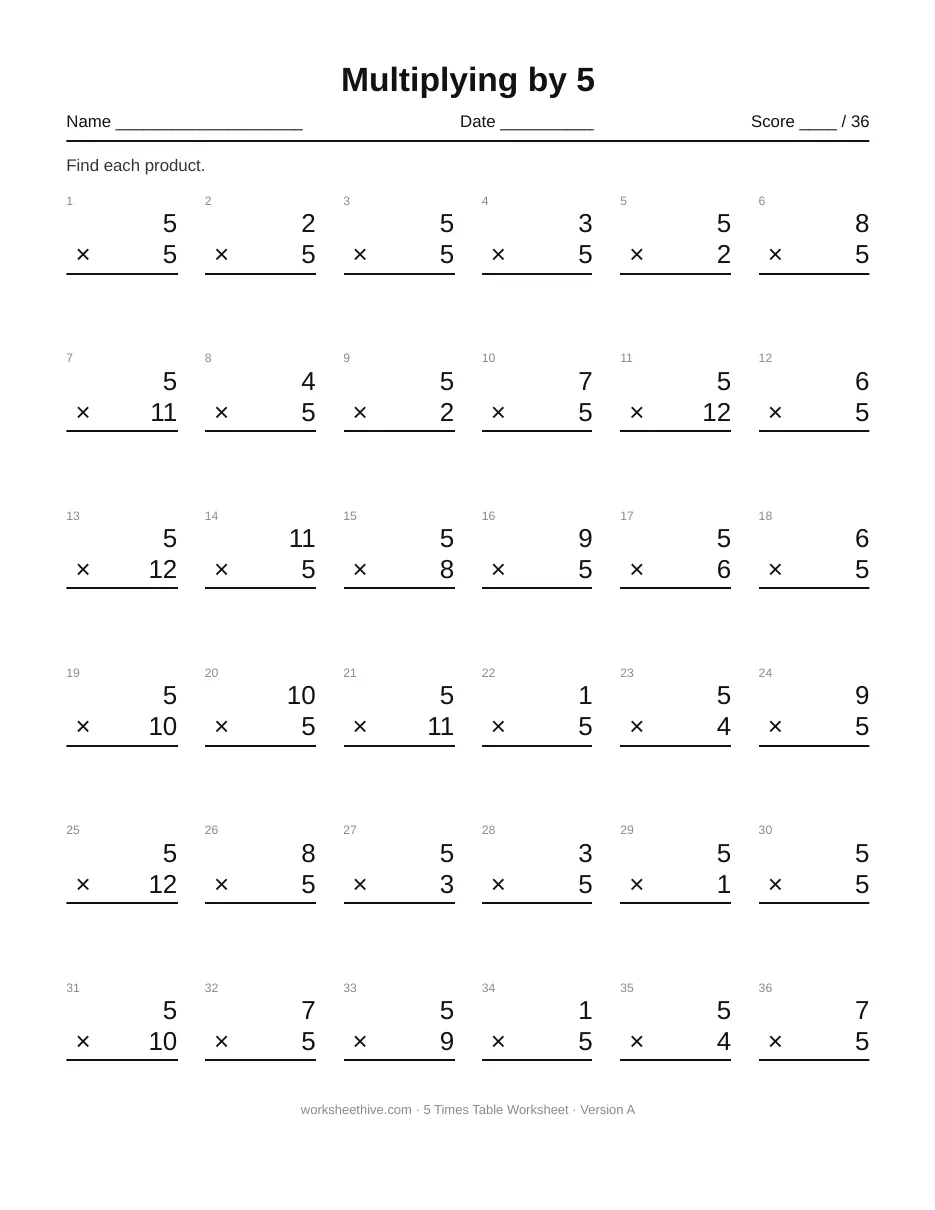 5 Times Table Worksheet printable PDF with 36 multiplication facts