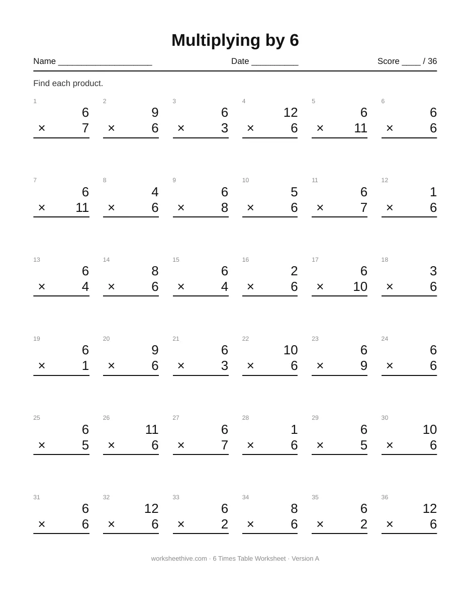 6 Times Table Worksheet printable PDF with 36 multiplication facts