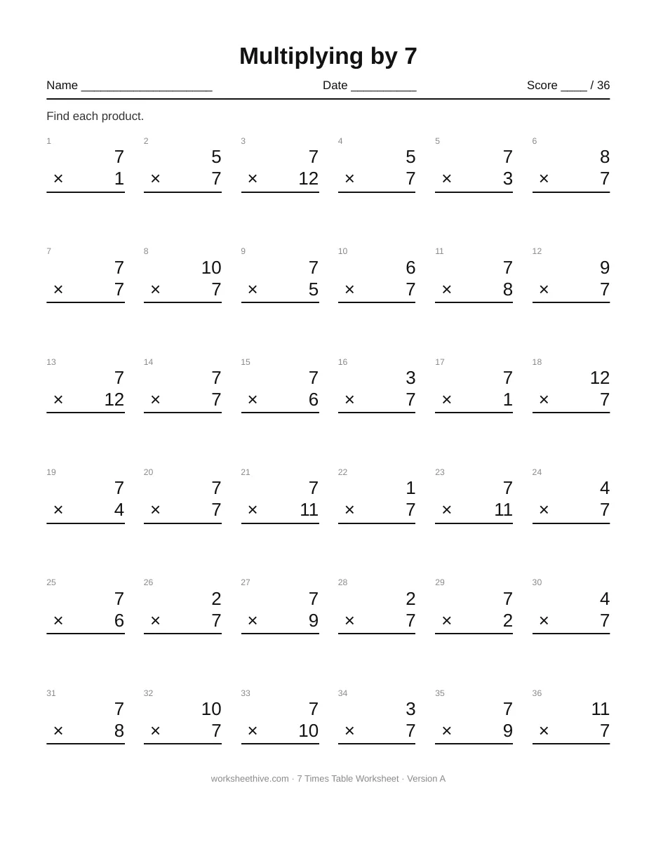 7 Times Table Worksheet printable PDF with 36 multiplication facts